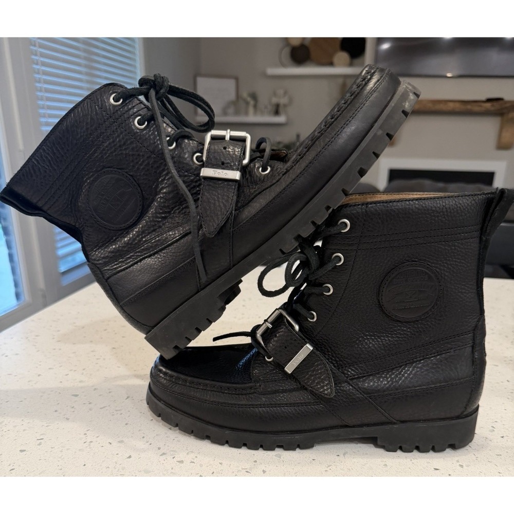 VTG Polo Country Ralph Lauren 90s Ranger Boots Black Pebbled Leather Buckle VNDS